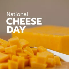 Schilderijen op glas Digital composite of national cheese day text with yellow cheese cubes, copy space © vectorfusionart