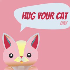 Illustration of hug your cat day text in speech bubble with cat against pink background, copy space