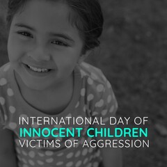 International day of innocent children victims of aggression text with smiling caucasian girl