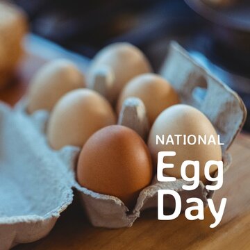 Composite of national egg day text with eggs in carton on table, copy space