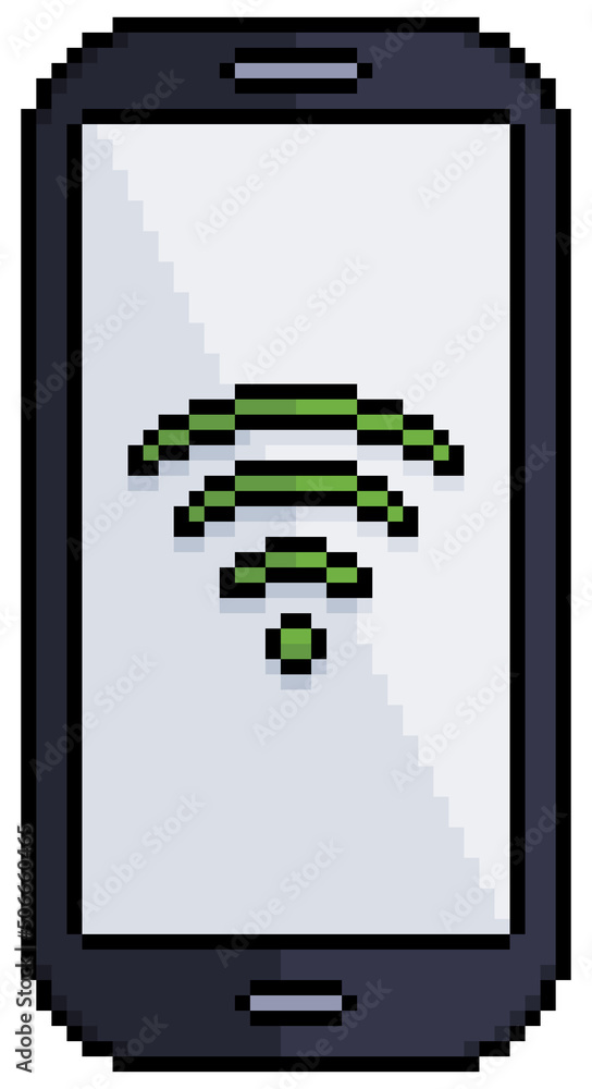 Poster pixel art mobile phone with wifi icon on screen vector icon for 8bit game on white background