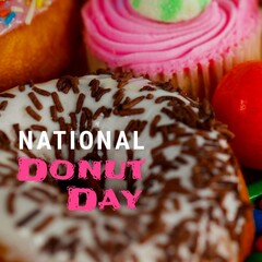 Composite of national day text with donut and cupcakes, copy space