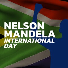 Illustration of man raising hand and nelson mandela international day text with flag of south africa