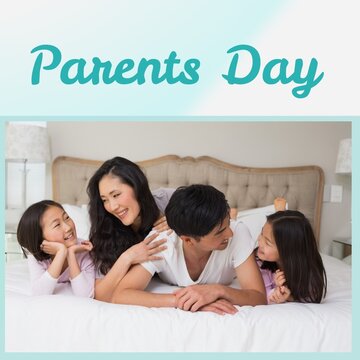 Composite of asian mid adult parents with daughters lying on bed and parents day text, copy space