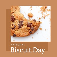 Digital composite of chocolate chip biscuit with missing bite on table and national biscuit day text