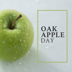 Digital composite image of wet apple with oak apple day text on white background, copy space