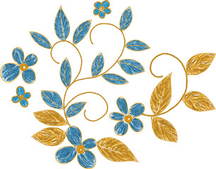 Ukrainian embroidery ornament. Blue flower embroidered arrangement, bouquet decoration.