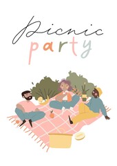 Young people at picnic. Premade picnic party invitation card. Happy men, women characters eating meal outdoors. Friends and couples having lunch and talking. Flat fun cartoon style vector illustration