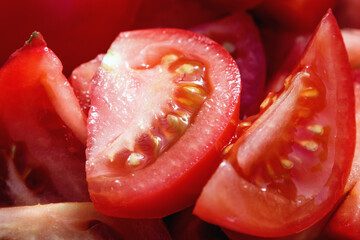 Sliced tomato slices. Red tomato background close-up