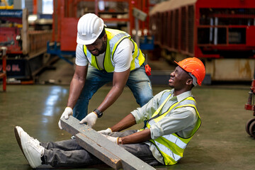 African American factory worker having accident while working in manufacturing site while his...