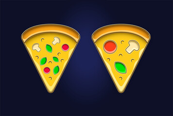 Set of two Pizza Slices Icon in Enamel Pin Badge Style. Embossed Metal. Realistic Icon.