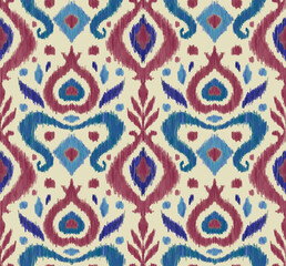 Ikat traditional folk textile pattern. Tribal ethnic hand drawn texture. Seamless background in Aztec, Indian, Scandinavian, Gypsy, or Mexican style. Raster illustration.