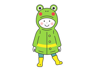 カエルのレインコートを着ている、男の子のイラスト