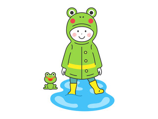 カエルのレインコートを着て、水溜りに入る男の子のイラスト