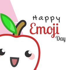Illustration of smiling apple emoticon with happy emoji day text, copy space