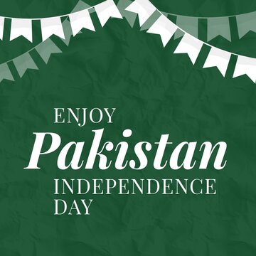 Illustration of buntings with enjoy pakistan independence day text on green background, copy space