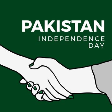 Illustration of cropped hands doing handshake and pakistan independence day text on green background