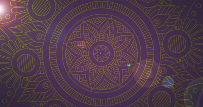 Islamic animated moving mandala background with shining glitters lens flare. Oriental pattern Floral round mandala