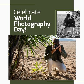 Digital composite of caucasian mid adult man photographing and celebrate world photography day text