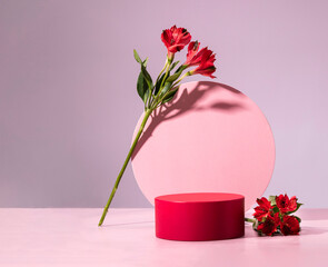 Red cylindrical podium, Cosmetic display stand with flowers on pink background