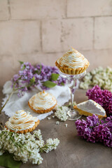 Obraz na płótnie Canvas Lemon mini tarts with toasted meringue. Classic dessert on the table with lilac flowers.
