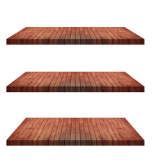 Set of empty brown wooden shelf isolated on white background. for montage of your product