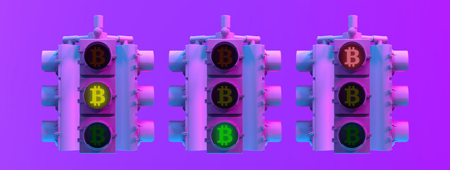 Fototapeta premium Bitcoin traffic light set on a neon background. 3d image.