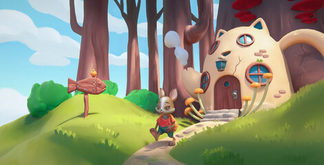 Journey of brave happy hare with an orange backpack wears a red t-shirt, blue pants walks in a magical green forest, blue clouds. Cute kawaii house with cat ears. 3d render with painting game location