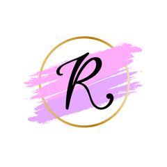 R Logo for company cosmetic business packaging. Digital hand lettering.Black letter on the pastel  bubblegum color in golden circle frame. Fashion luxury logotype emblem.