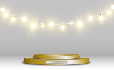 Round podium, pedestal or platform, illuminated by spotlights in the background. Vector illustration. Bright light. Light from above. Advertising place	
