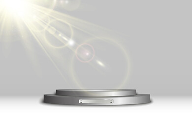 Round podium, pedestal or platform, illuminated by spotlights in the background. Vector illustration. Bright light. Light from above. Advertising place	