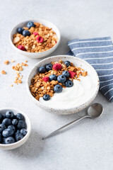 Granola yogurt bowl with blueberries. Healthy breakfast or fitness snack food