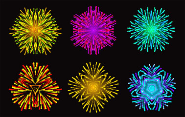 Vector Snowflake Fireworks Set. Different shapes. Star Explosion. Merry Christmas. Mandala.