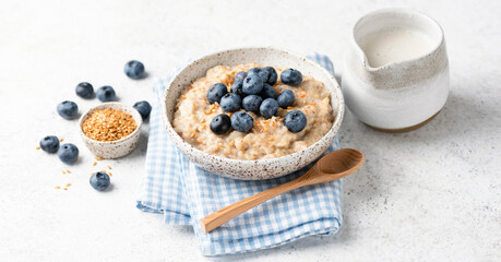 Obraz na płótnie Canvas Breakfast oatmeal porridge with blueberries and linseeds. Healthy vegan meal on grey concrete table background. Web banner composition
