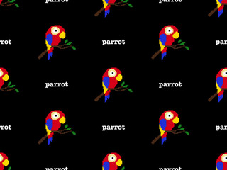 Parrot cartoon character seamless pattern on black background. Pixel style