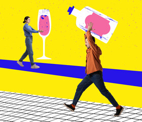 Contemporary art collage. Inspiration, idea, trendy urban magazine style. Young people going to alcohol party, drinking wine, having fun