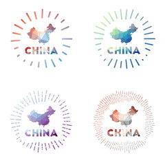 China low poly sunburst set. Logo of country in geometric polygonal style. Vector illustration.
