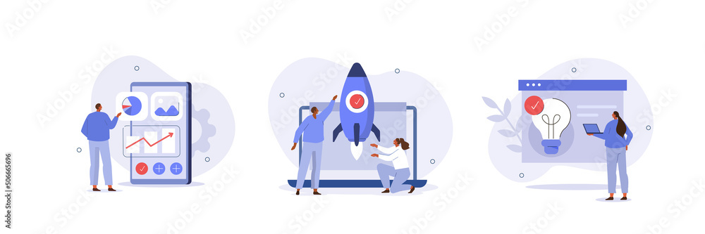 Poster business illustration set. characters planning, prototyping and testing startup ideas and analyzing 