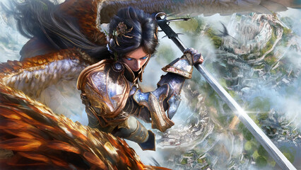 A beautiful angel woman flies high above the kingdoms on her falcon wings in shiny gilded knight armor with a two-handed sword zweihender in her hands, preparing to make a deadly strike. 3d rendering © warmtail