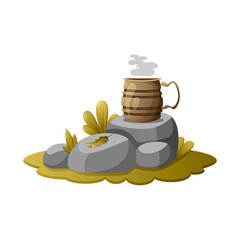 A metal cup with a hot drink, tea or coffee stands on stones on a lawn with plants. Vector illustration of hiking, camping, outdoor recreation, in the forest. Cartoon style for sticker, games, banner