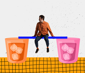 Young man sitting on huge drawn bench made of glasses isolated on light background. Contemporary art collage. Inspiration, idea, trendy urban magazine style.
