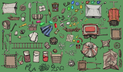A constructor for creating game cards for board games such as dungeons and dragons, it has a lot of elements for creating scenes, carriages, guides, tents, beds, shovels, chests, potions etc 2d art
