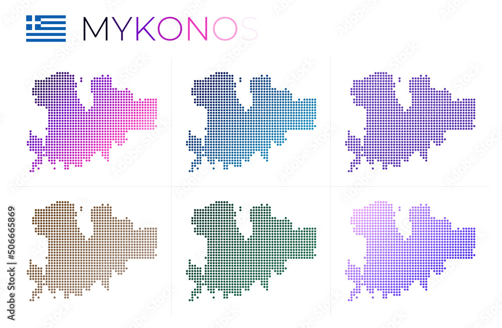 Poster mykonos dotted map set. map of mykonos in dotted style. borders of the island filled with beautiful 
