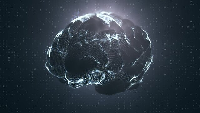Digital animation numbers in brain shape. Digital brain animation. Visualization of a scan of the cerebral cortex. 3D Render animation of AI Artificial intelligence