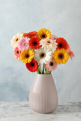 Bouquet of beautiful colorful gerbera flowers in vase on white marble table against light blue...