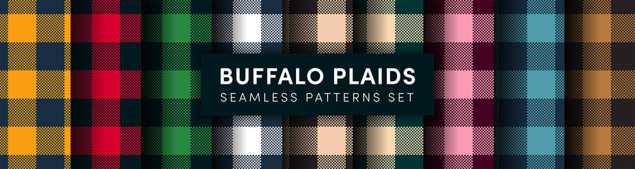 Buffalo Plaid seamless pattens set. Vector checkered red, green, brown, blue plaids textured background. Traditional fabric print collection. Flannel plaid texture for fashion, print, design