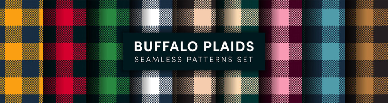 Buffalo Plaid seamless pattens set. Vector checkered red, green, brown, blue plaids textured background. Traditional fabric print collection. Flannel plaid texture for fashion, print, design