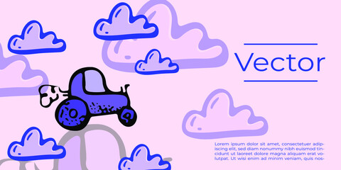 Obraz premium Tractor in the clouds sketch vector illustration. Harvest season, cloudy weather hand drawn background. Agricultural media banner