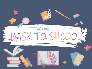 Back to school ready to print banner template. Bright decor with school supplies.