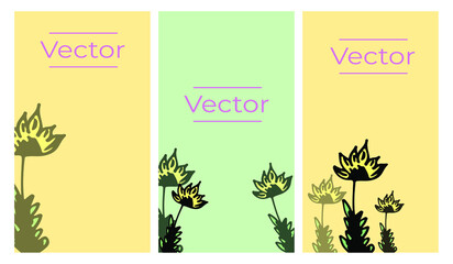 Cute wild flower sketch vector set of illustrations. Beauty floral hand drawn vertical background. Botany cosmetics media banner